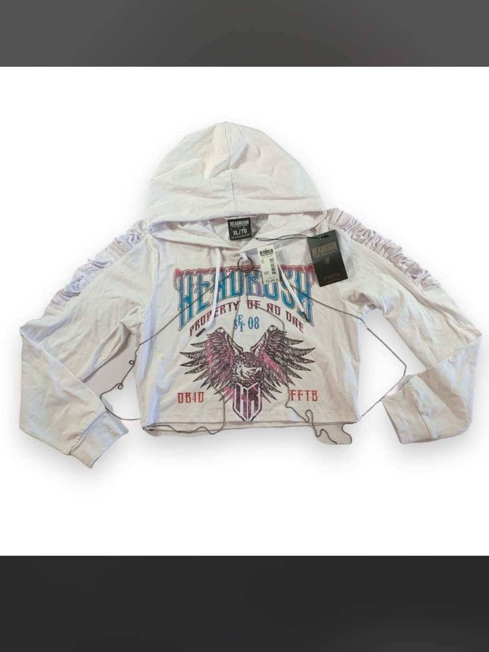 NWT Headrush Cropped Hoodie White Wings Metal Chain Hardware Biker Streetwear